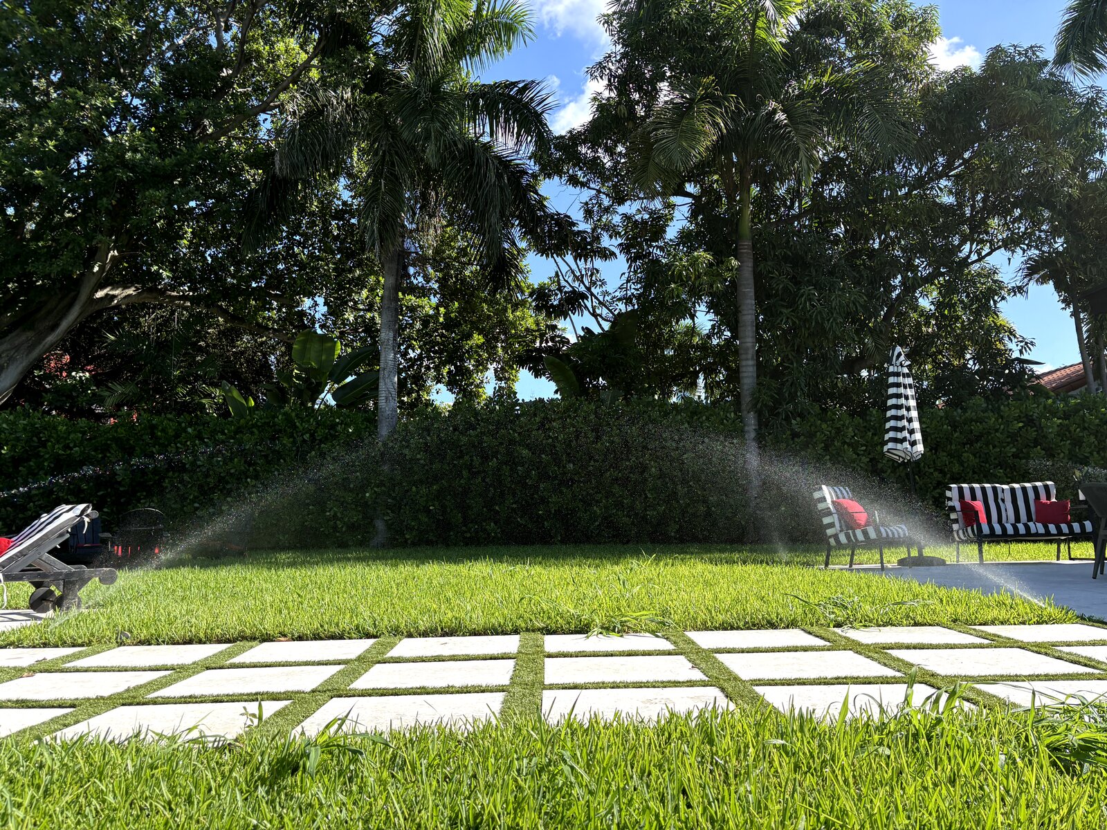 Lush Miami backyard with sprinkler system running — Freedom Flow Irrigation